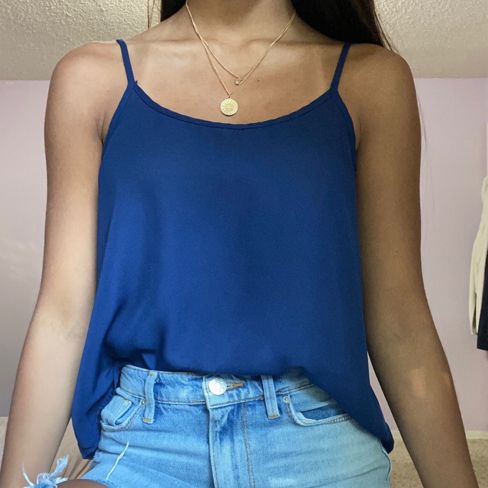blue silky tank top